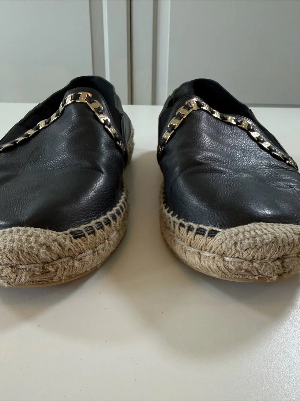 Salvatore Ferragamo Leather Chain Espadrilles 7.5C Wide Black